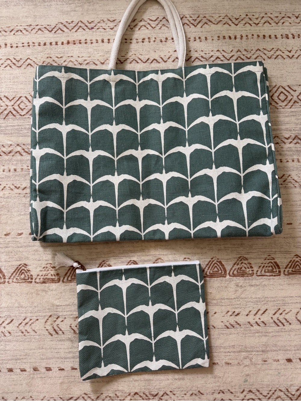 Manaola Green and White Patterned Canvas Tote with Matching Pouch